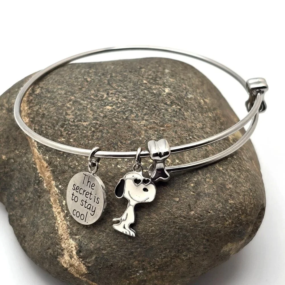 Peanuts Snoopy & Woodstock Silver Plate Charm Slider Bangle Bracelet Adjustable - Picture 1 of 5
